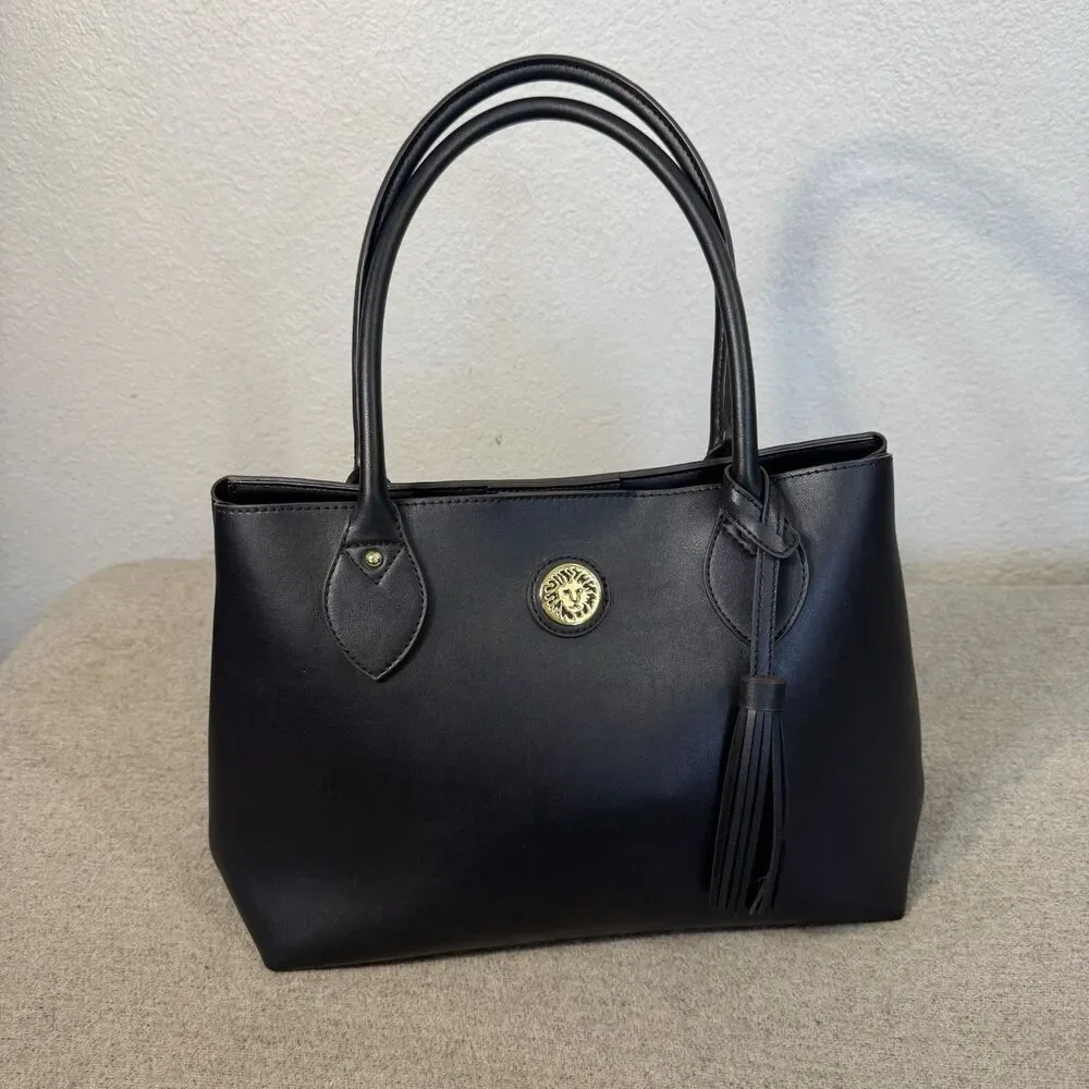 Anne Klein Tote Bag Black Top Handle Purse Tassel Charm Vegan Leather 13x9x6